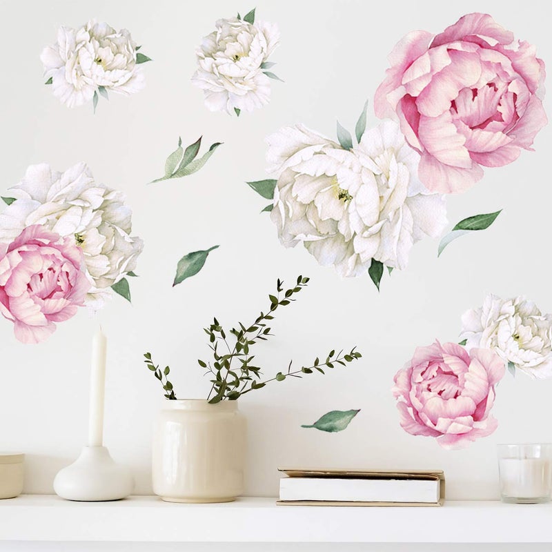 DesignStickers Peony Watercolor Wall Decals (Pink and White Watercolor) - Spring Decor Flowers Decals for Wall - Botanical Bedroom Sticker Girls - Floral Peonies Pink Botanical Stickers Bedroom Nursery w/test Sample - Image 1